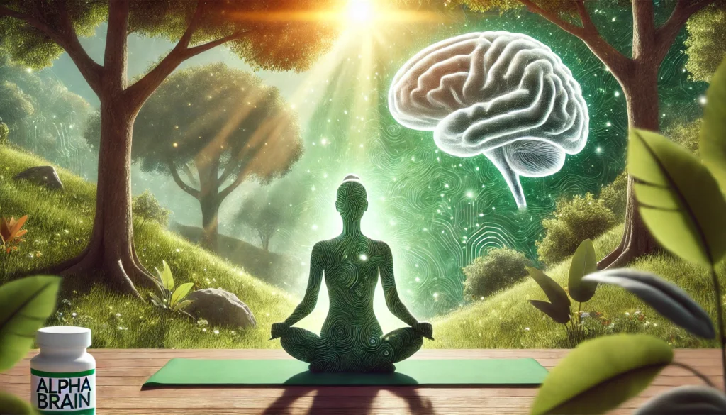 A peaceful natural setting with a person meditating on a yoga mat, surrounded by green trees and sunlight, symbolizing balance and wellness amidst the exploration of cognitive supplements like Alpha Brain