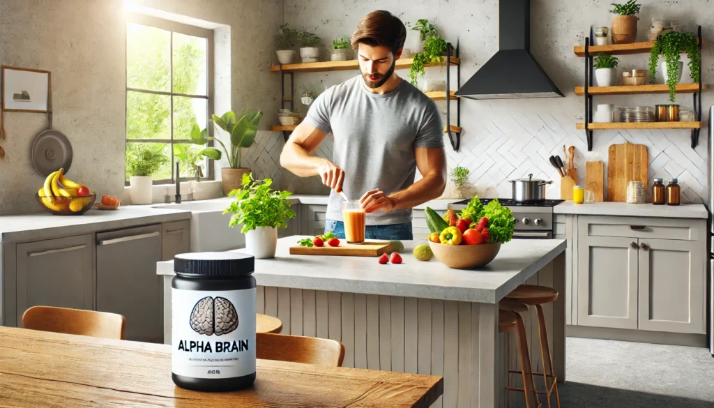 A contemporary kitchen with a focus on health and wellness, featuring a person preparing a smoothie using fresh ingredients, with a container of supplements like Alpha Brain on the counter, evoking mindful living and natural health.