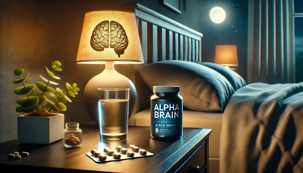 A serene bedroom setting at night, featuring a bedside table with a glass of water, supplements resembling Alpha Brain, and a soft, warm lamp glow, conveying calmness and preparation for restful sleep.