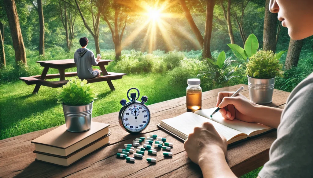 A serene outdoor setting with a person sitting at a picnic table, holding a stopwatch and a pill resembling Noopept, surrounded by greenery and sunlight, symbolizing thoughtful tracking of the supplement's duration, with a journal nearby.