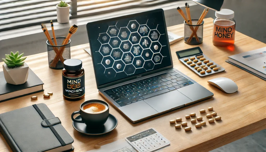 A professional office desk featuring a bottle of Mindhoney pills, a laptop, a cup of coffee, and a planner, symbolizing focus and productivity in a structured work environment with natural lighting.