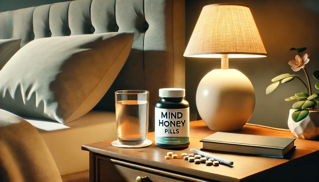 A widescreen image of a tranquil bedroom nightstand with a bottle of Mindhoney pills, a glass of water, and a softly glowing bedside lamp. 