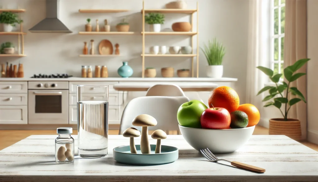 "A bright and minimalist kitchen table featuring functional mushrooms in a small dish, a glass of water, and a bowl of fresh fruits, symbolizing health, wellness, and mindfulness of potential side effects in a clean and vibrant atmosphere.