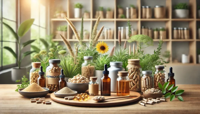 A neatly arranged display of ashwagandha supplements in various forms—capsules, powders, and tinctures—on a wooden countertop with natural lighting and greenery, emphasizing natural health and wellness.