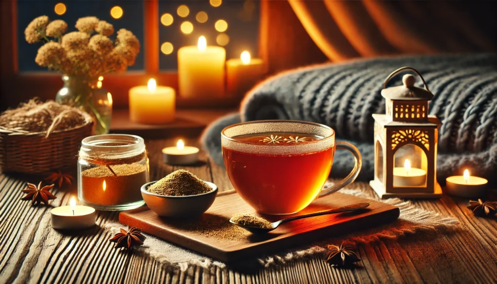 A peaceful evening setting with a cozy tea setup featuring a cup of herbal tea infused with ashwagandha powder, on a wooden table with candles and a warm blanket, highlighting relaxation and stress relief.