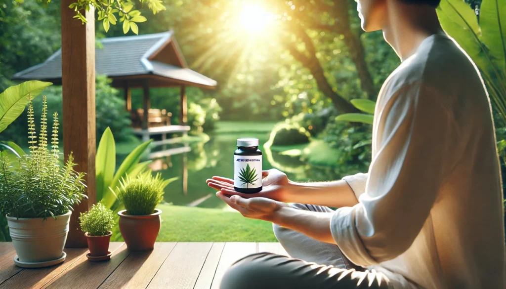 A person holding an ashwagandha supplement bottle while sitting in a serene outdoor garden setting with natural greenery and soft sunlight, symbolizing holistic health and a connection to nature.