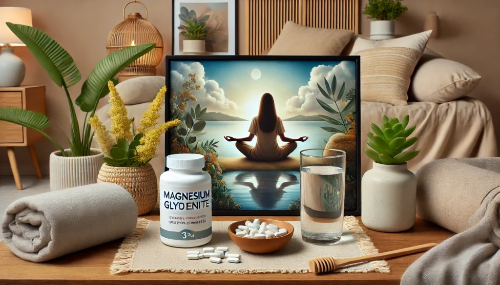 A serene home setting with a person holding a glass of water and magnesium glycinate supplement capsules, surrounded by calming decor like soft pillows and indoor plants, symbolizing relaxation and mental wellness.