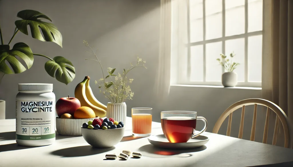 A minimalist breakfast table with a small bowl of magnesium glycinate capsules, a cup of herbal tea, and fresh fruits, illuminated by natural sunlight streaming through a window, symbolizing calmness and healthy living.