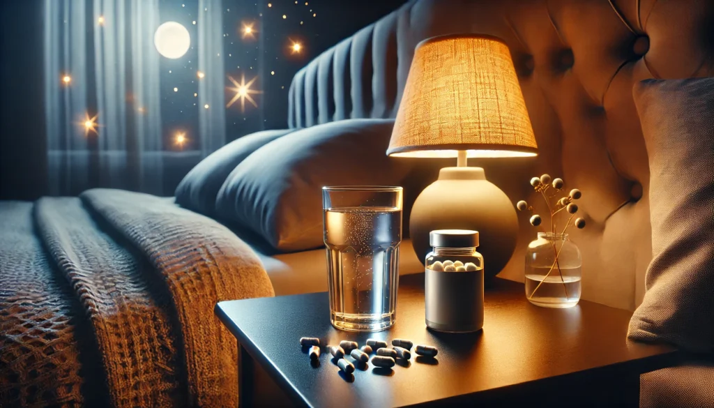 A cozy nighttime scene featuring a glass of water and a magnesium glycinate capsule on a bedside table, illuminated by soft warm lighting from a lamp, evoking calmness and promoting relaxation for mental wellness.