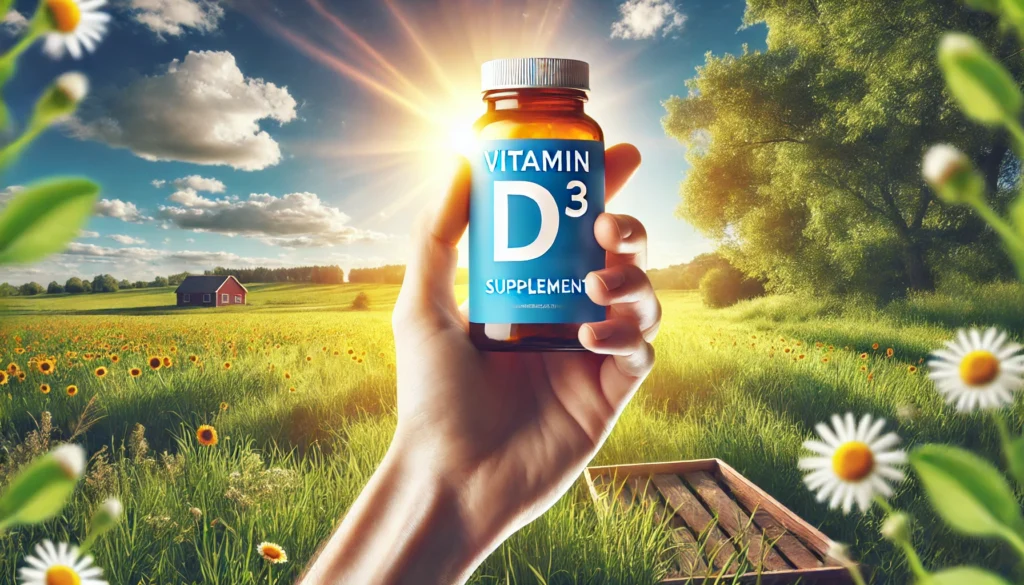 A person holding a Vitamin D3 supplement bottle outdoors under sunlight, with a serene background of green grass and blue skies, symbolizing the connection between sunlight, Vitamin D, and mood enhancement.