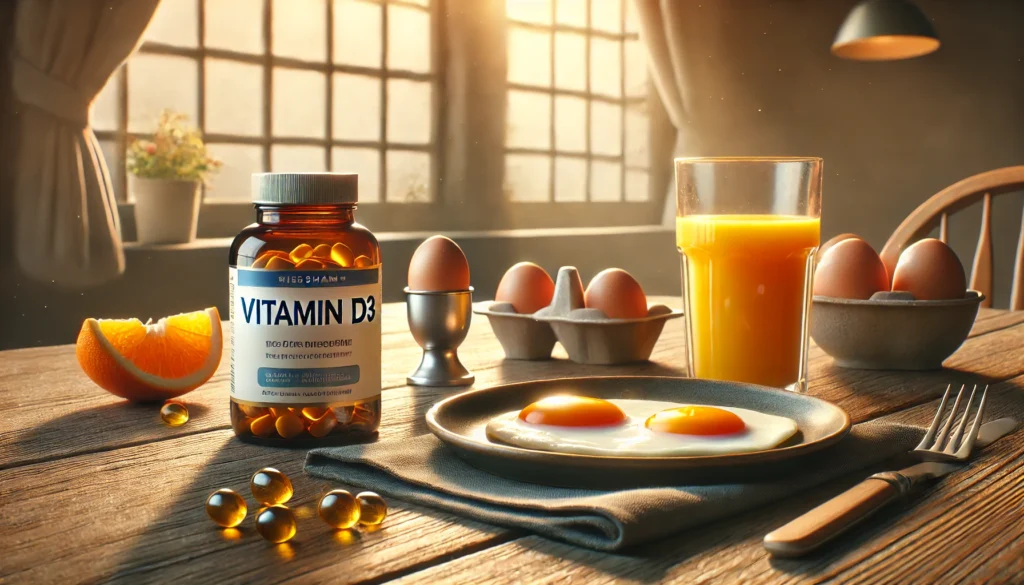 A breakfast table featuring a Vitamin D3 supplement bottle, a plate of eggs, and a glass of orange juice, illuminated by warm morning sunlight, symbolizing health and natural vitality.