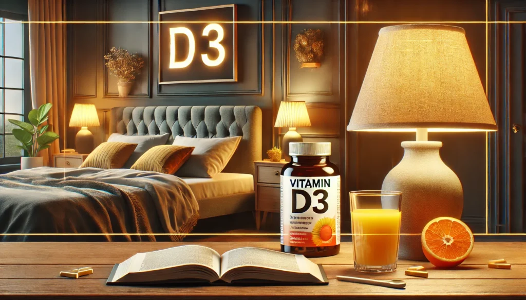 A cozy indoor setting with a Vitamin D3 supplement bottle on a bedside table, accompanied by a lamp emitting warm light and an open book, symbolizing relaxation and self-care for mood enhancement