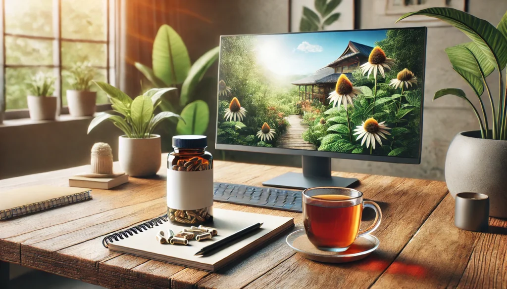 A serene workspace setup with a bottle of ashwagandha capsules, a notebook, and a cup of tea on a wooden desk, complemented by natural light and indoor plants, symbolizing focus and mental clarity."