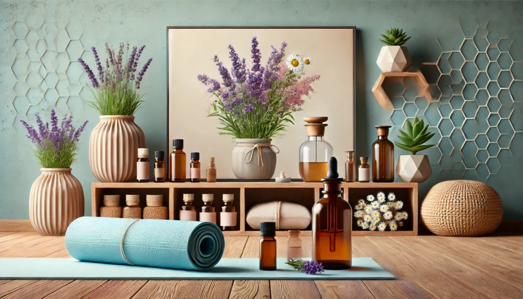 "A serene yoga studio with a yoga mat, meditation cushion, and essential oils like lavender and chamomile arranged on a wooden shelf, symbolizing natural anxiety management through mindfulness and aromatherapy.