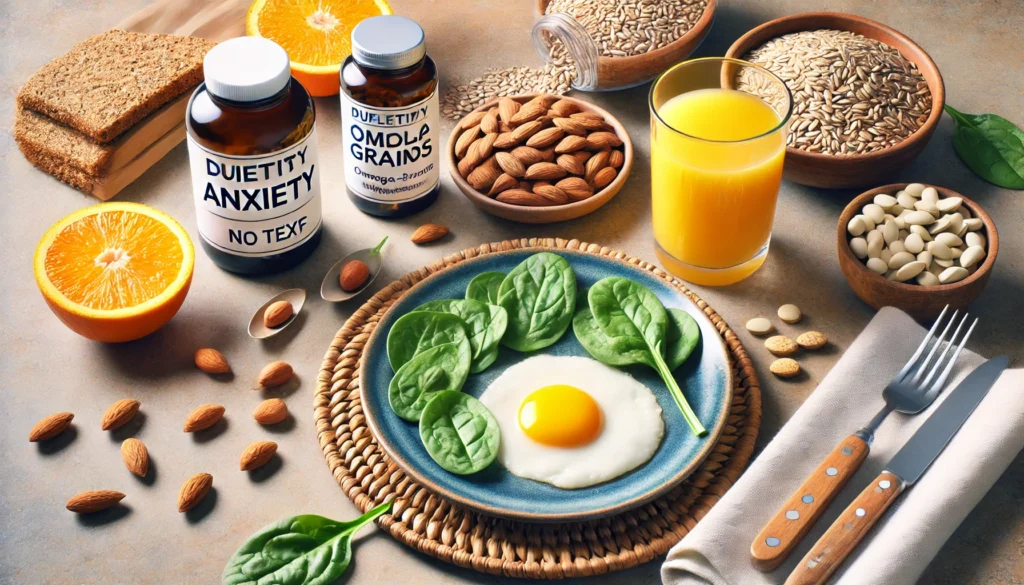 A breakfast table featuring magnesium-rich foods like spinach, almonds, and whole grains, alongside a glass of orange juice and a bottle of omega-3 supplements, symbolizing dietary strategies for anxiety relief.