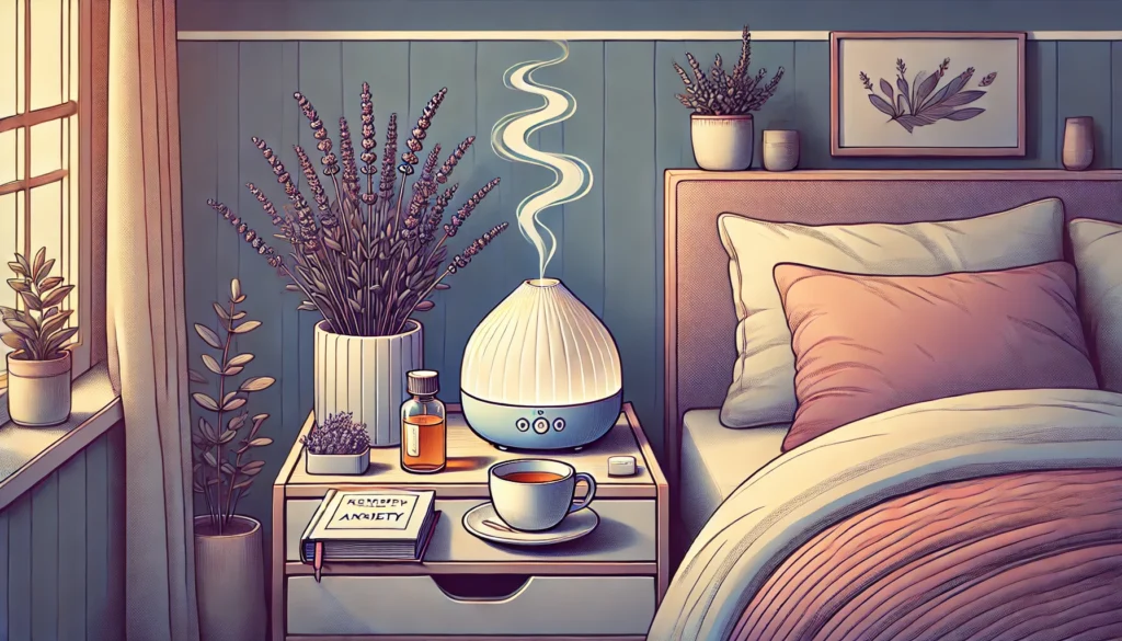 A cozy bedroom with a nightstand holding a diffuser emitting lavender essential oil, a cup of chamomile tea, and a book, symbolizing relaxation and natural remedies for managing anxiety.