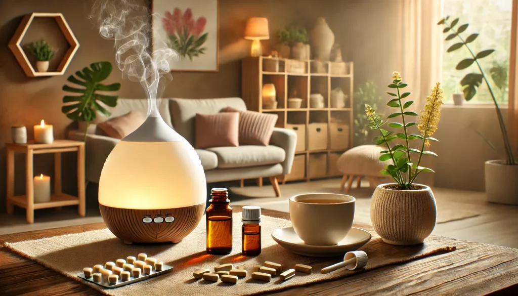 A cozy living room setting with a diffuser emitting essential oils, a cup of herbal tea, and a bottle of ashwagandha supplements on a table, symbolizing natural wellness and mindfulness, complemented by warm ambient lighting and soft furnishings