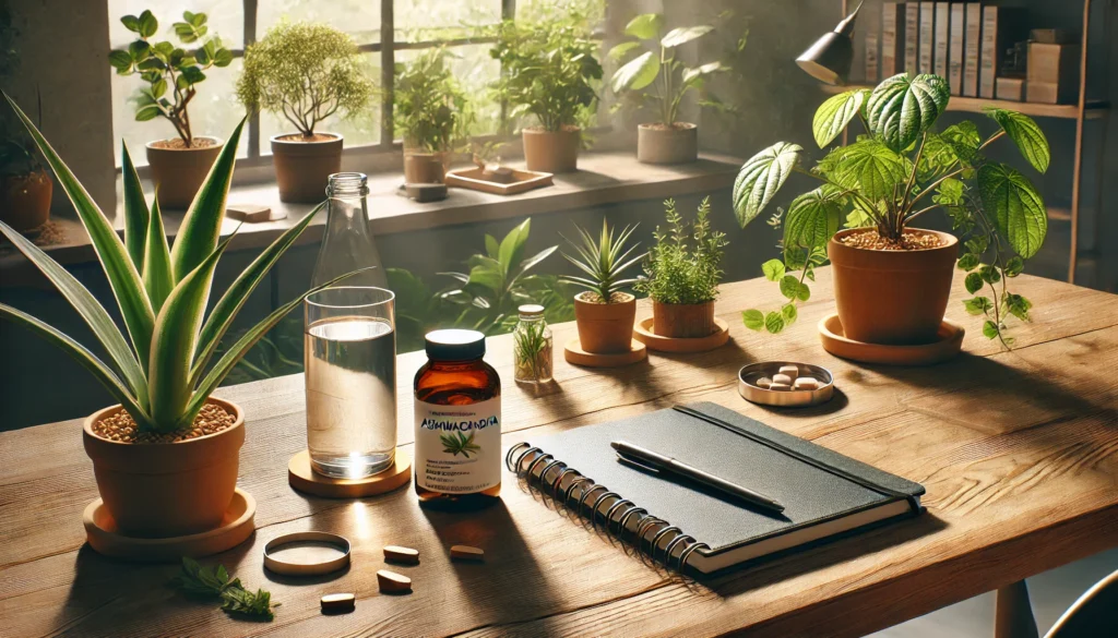 A serene workspace featuring a notebook, a bottle of ashwagandha supplements, and a glass of water on a wooden desk, surrounded by indoor plants and natural sunlight, symbolizing mindful health tracking and productivity.