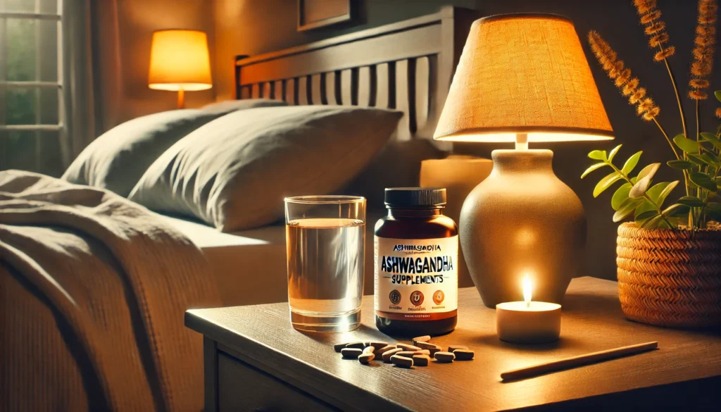 A nightstand with a bottle of ashwagandha supplements, a glass of water, and a softly glowing lamp, symbolizing nighttime wellness and preparation for relaxation, set in a cozy bedroom environment.