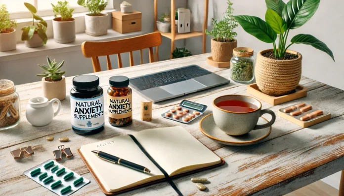 A cozy workspace featuring a bottle of natural anxiety supplements, a cup of herbal tea, and an open notebook for tracking wellness. The space is adorned with natural light, indoor plants, and a laptop, symbolizing a balance of productivity and self-care.