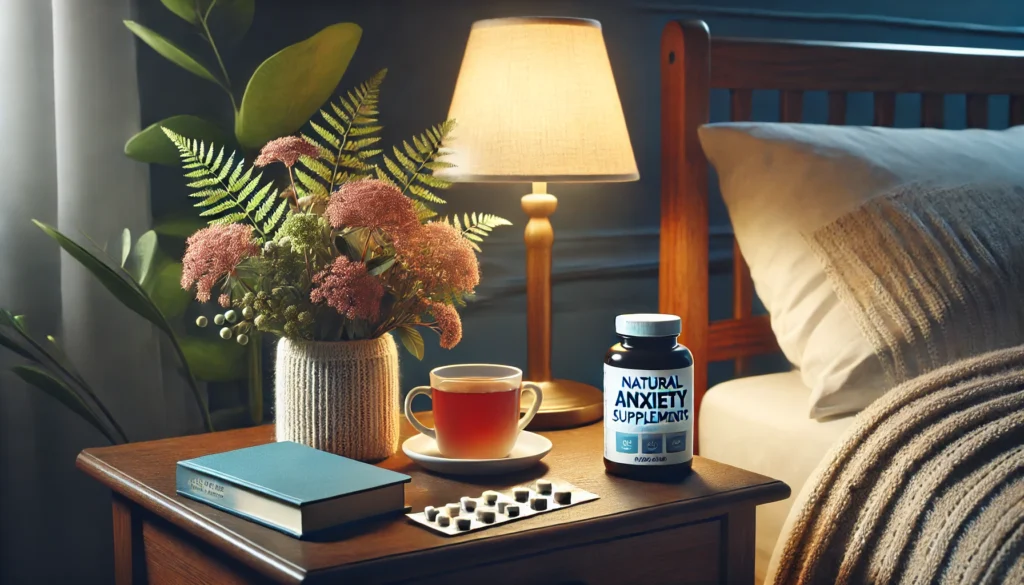 "A nightstand with a soft-glowing lamp, a bottle of natural anxiety supplements, a cup of herbal tea, and an open book, symbolizing relaxation and nighttime self-care in a cozy bedroom setting.