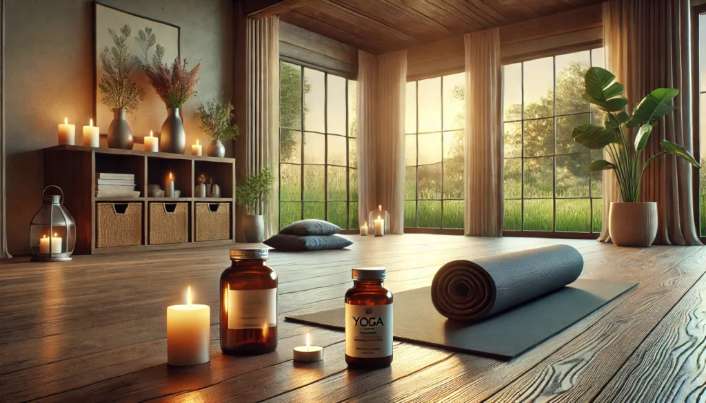 A serene yoga setup featuring a yoga mat, meditation cushions, a bottle of natural anxiety supplements, and lit candles in a softly lit room with wooden floors and large windows overlooking a peaceful garden view.