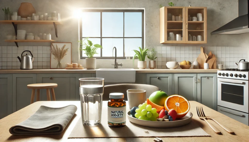 A minimalist breakfast table featuring a glass of water, a plate of fresh fruits, a bottle of natural anxiety supplements, and a cup of herbal tea, set in a bright, modern kitchen with natural light streaming through the window.