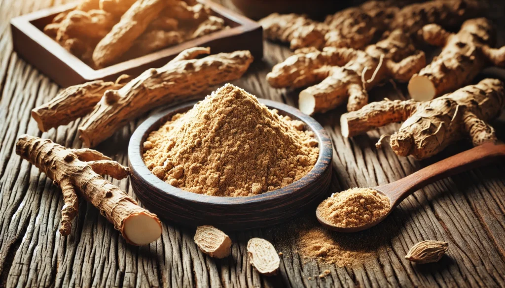 A close-up view of ashwagandha roots and powder on a rustic wooden table, softly illuminated by sunlight, showcasing the organic and natural benefits of Pattern Wellness ashwagandha.