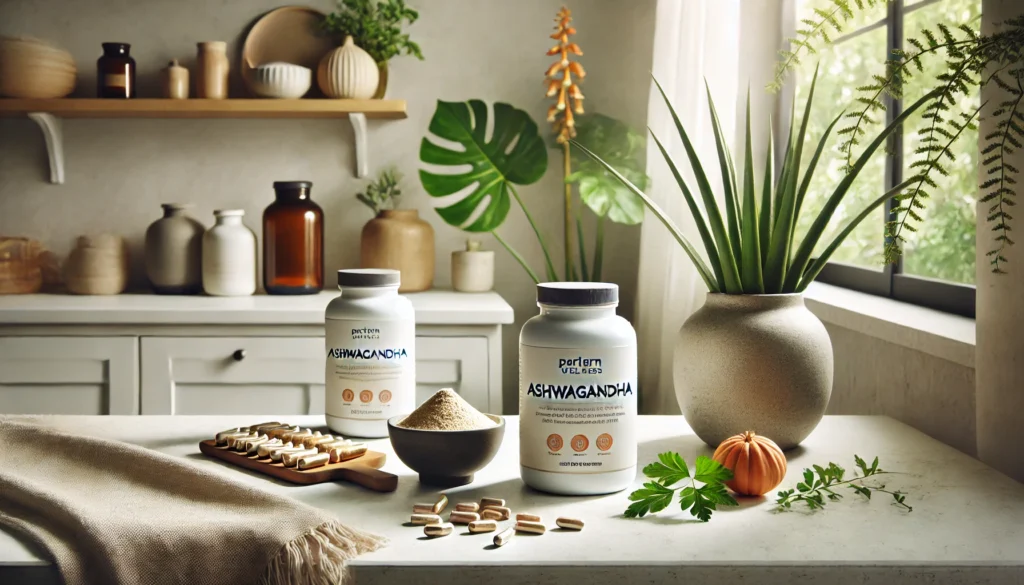 A modern wellness setup displaying ashwagandha capsules and powders on a clean white countertop with indoor plants and soft lighting, symbolizing the benefits of Pattern Wellness ashwagandha for holistic health.