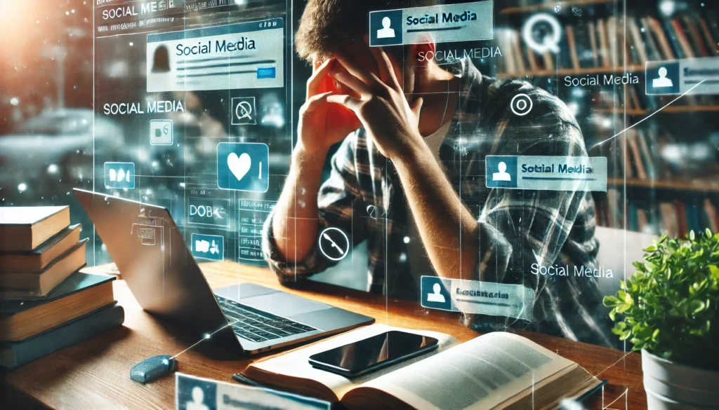 A person sitting at a desk, distracted between a laptop with a social media feed and their phone while trying to study.
ALT text: "Social media and attention span – the challenge of staying focused while studying amid digital distractions."