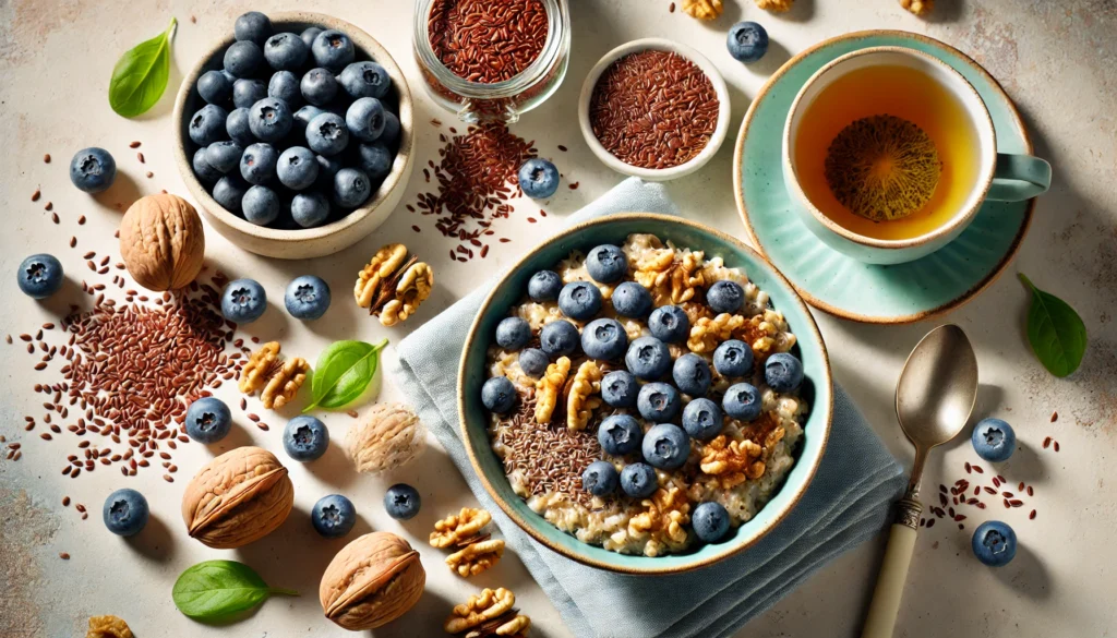 "A top-down view of a nutritious breakfast featuring oatmeal topped with blueberries, walnuts, and flaxseeds, alongside a cup of green tea—foods that make you concentrate."