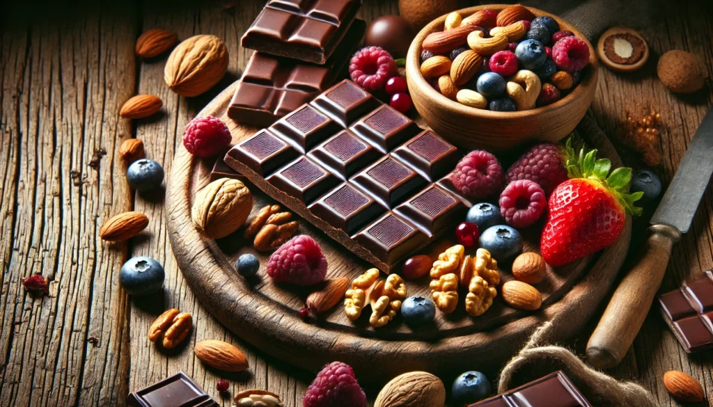 "A visually appealing arrangement of dark chocolate pieces, mixed nuts, and fresh berries on a rustic wooden board, highlighting foods that make you concentrate."