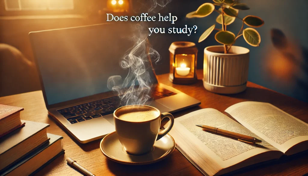 "A cozy study environment featuring a steaming cup of coffee next to an open notebook and a laptop, highlighting the question: does coffee help you study?"