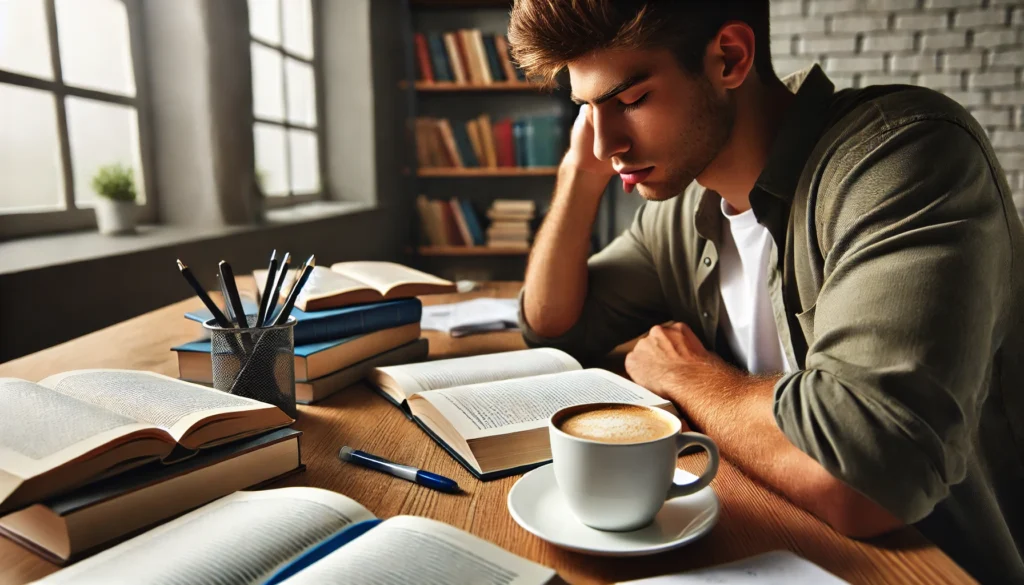 "A focused student studying at a desk with a cup of coffee nearby, surrounded by books and notes, illustrating the potential benefits of coffee for studying."