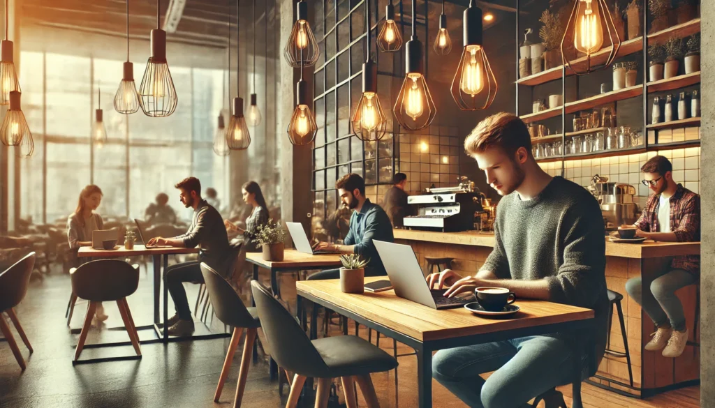 "A modern coffee shop setting with students working on laptops while sipping coffee, depicting how coffee may enhance study sessions."