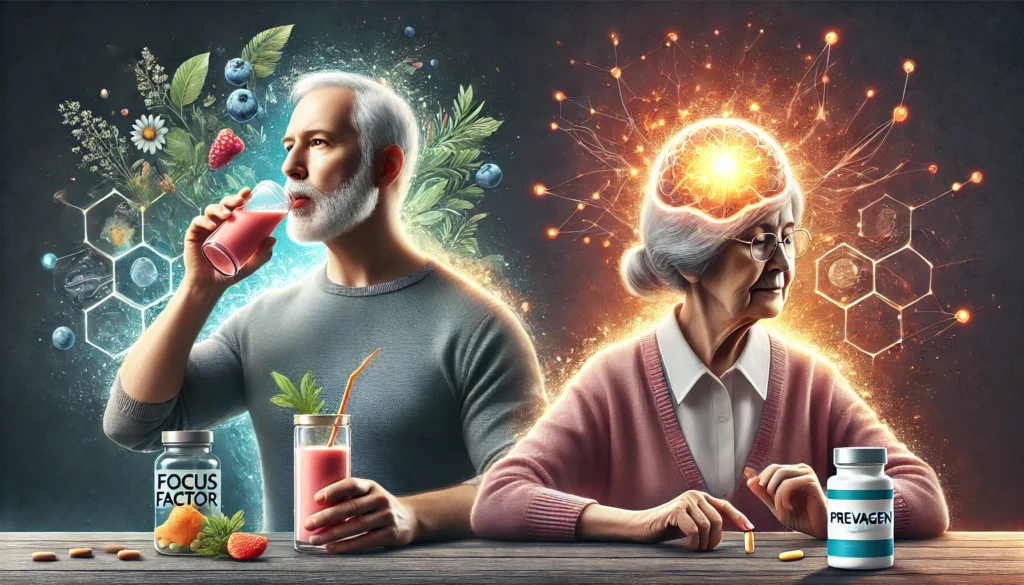 "A side-by-side lifestyle depiction of two individuals using cognitive supplements; one drinking a smoothie with natural ingredients symbolizing Focus Factor, and an older adult taking a pill with a glowing neural pathway effect representing Prevagen."