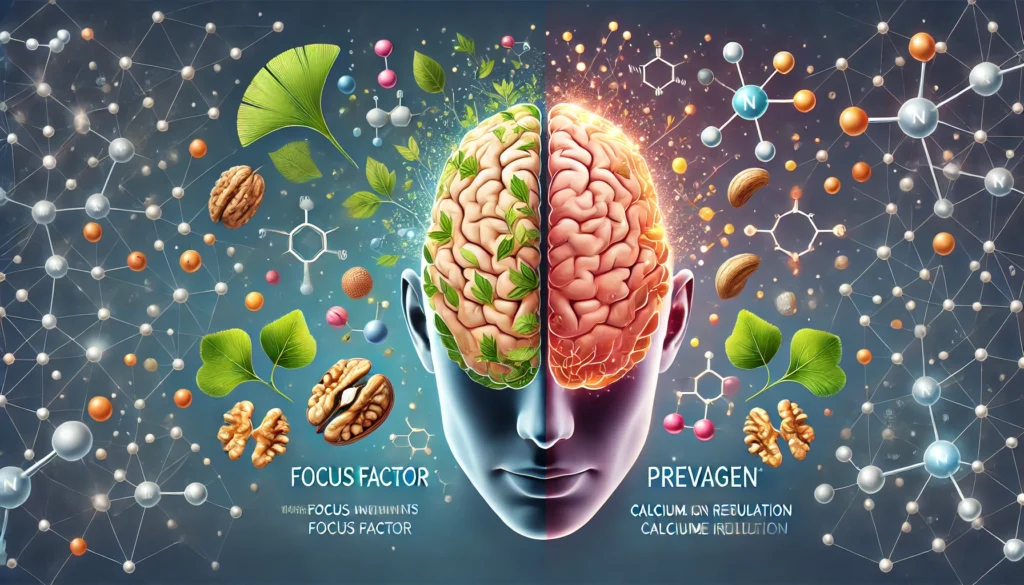 "A scientific-themed illustration of a brain divided into two halves; one infused with natural elements like ginkgo leaves and vitamins symbolizing Focus Factor, and the other glowing with molecular structures representing Prevagen."