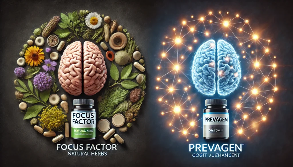 "A conceptual image contrasting Focus Factor and Prevagen, with a brain surrounded by herbs and vitamins on one side and a glowing calcium ion network on the other, illustrating their unique cognitive support mechanisms."