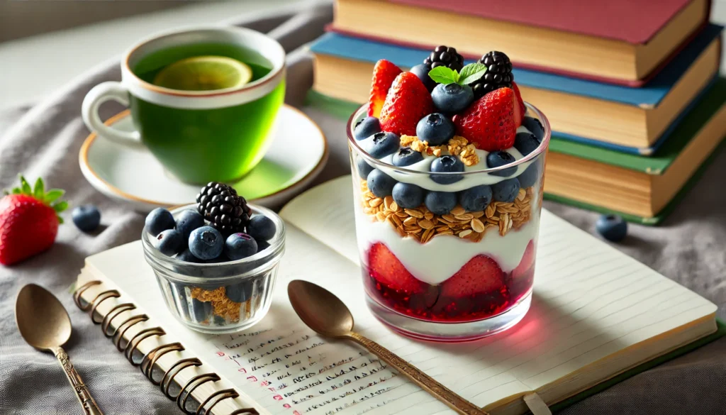 "A vibrant yogurt parfait layered with Greek yogurt, mixed berries, and granola, accompanied by a cup of green tea, symbolizing a nutritious and healthy breakfast before a test."