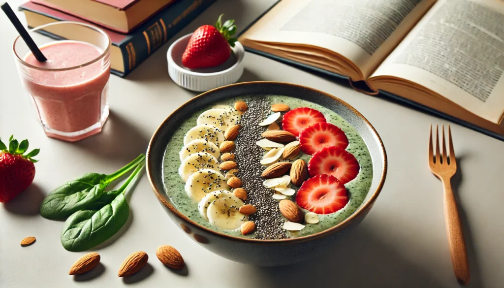 "A refreshing smoothie bowl made with blended banana, spinach, and almond milk, topped with chia seeds, sliced almonds, and fresh strawberries, ideal for a healthy breakfast before a test."