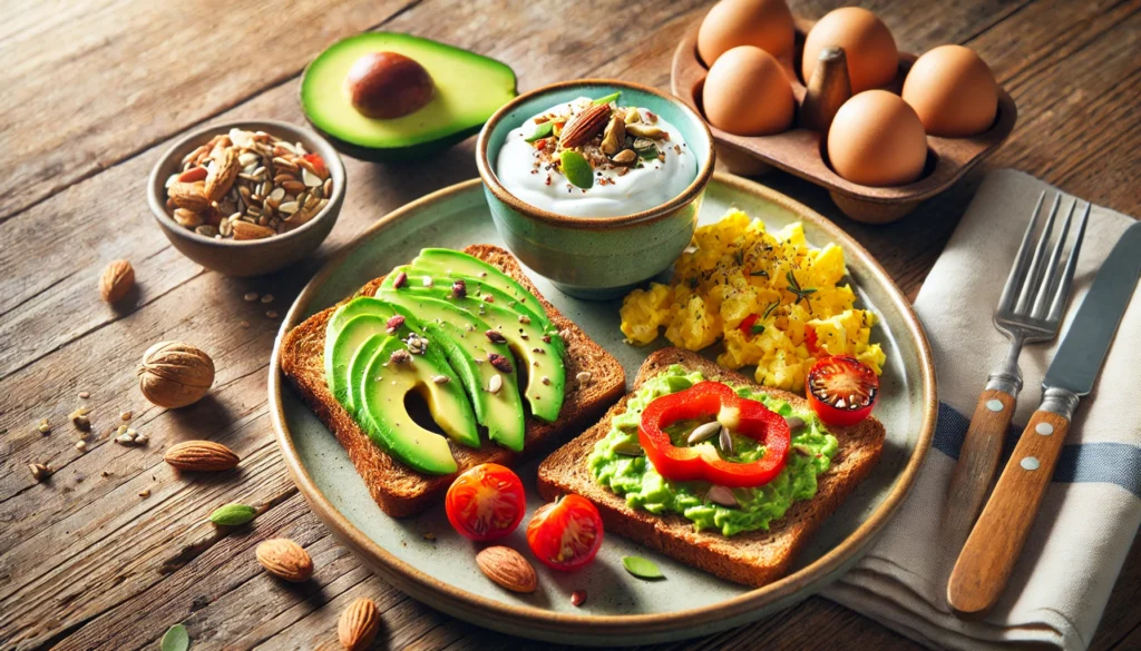 "A balanced breakfast plate with avocado toast on whole-grain bread, scrambled eggs with bell peppers, and Greek yogurt with nuts and seeds, promoting a healthy breakfast before a test."