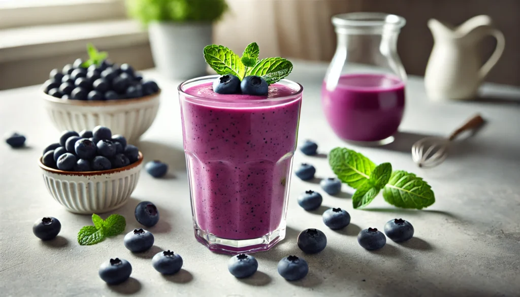 "A vibrant blueberry smoothie in a tall glass, garnished with fresh blueberries and a sprig of mint, symbolizing the memory-enhancing properties of blueberries."