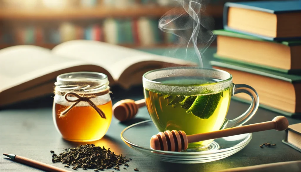 "A close-up shot of a steaming cup of green tea with fresh tea leaves and a honey dipper, placed on a blurred study desk, reinforcing green tea as a drink that improves memory."