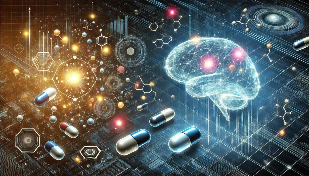 A high-tech depiction of synthetic nootropics with glowing capsules and molecular structures blending into a glowing brain, symbolizing advanced cognitive enhancement through holistic research.