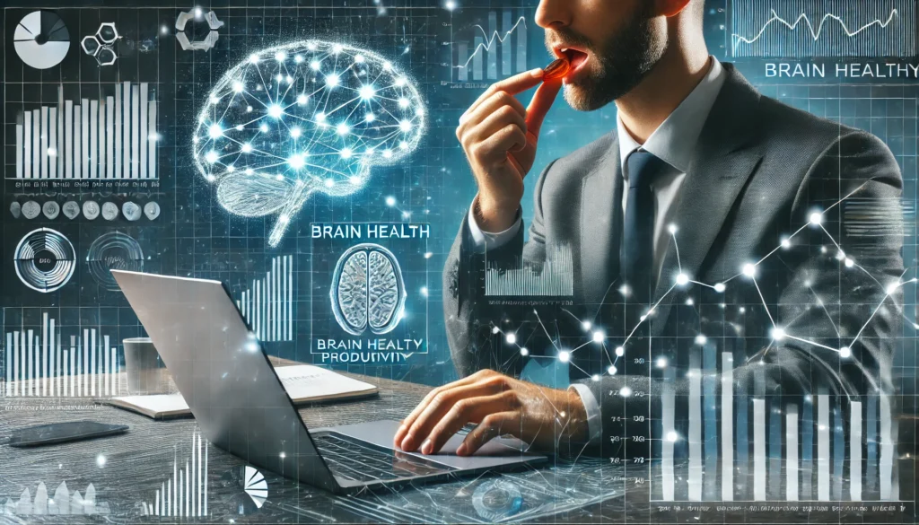 A professional taking a brain health gummy while working on a laptop, with digital overlays of brain activity and productivity charts.

ALT Text: "A professional consuming brain health gummies while working, with brain activity visuals showcasing mental clarity and efficiency."