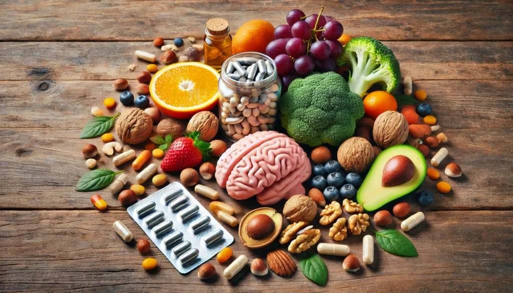 A natural-themed display of supplements and vitamin capsules scattered on a wooden surface, alongside fresh fruits, nuts, and vegetables.

ALT Text: "Supplements and vitamin capsules with fresh fruits and nuts, showcasing dietary solutions for combating brain fog due to nutrient deficiencies."