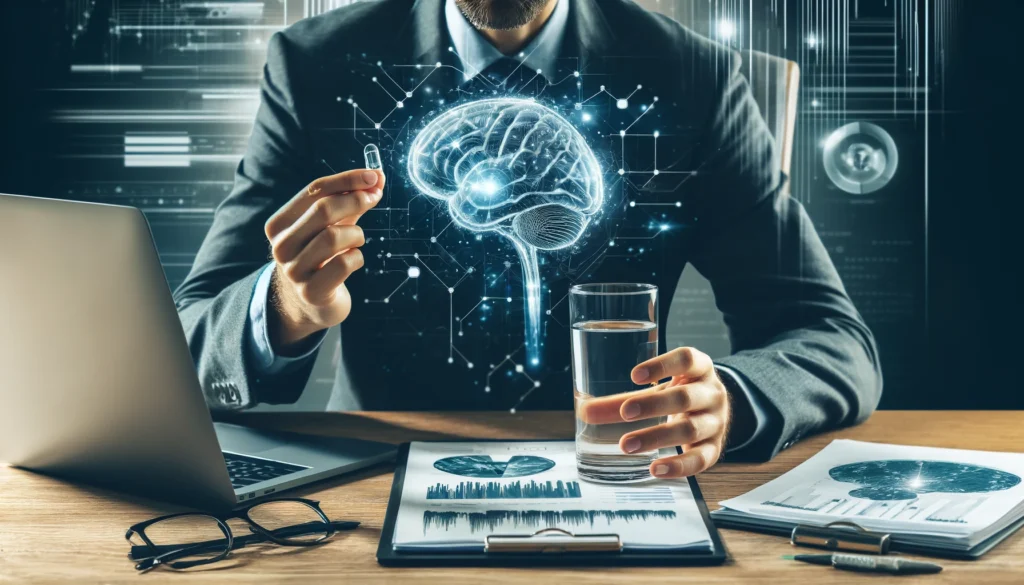 A dynamic image of a professional taking a brain health supplement capsule with a glass of water while working on a laptop, with digital overlays of brain activity and cognitive performance metrics.

ALT Text: "A professional taking brain health supplements while working, with brain activity overlays representing enhanced mental clarity and focus."