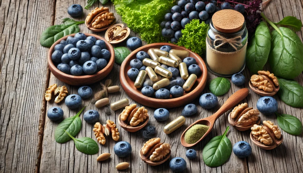 A natural-themed composition featuring brain health supplements in capsule and powder form, arranged with fresh blueberries, walnuts, and leafy greens on a rustic wooden table.

ALT Text: "Brain health supplements alongside blueberries, walnuts, and leafy greens, symbolizing a holistic approach to cognitive well-being."