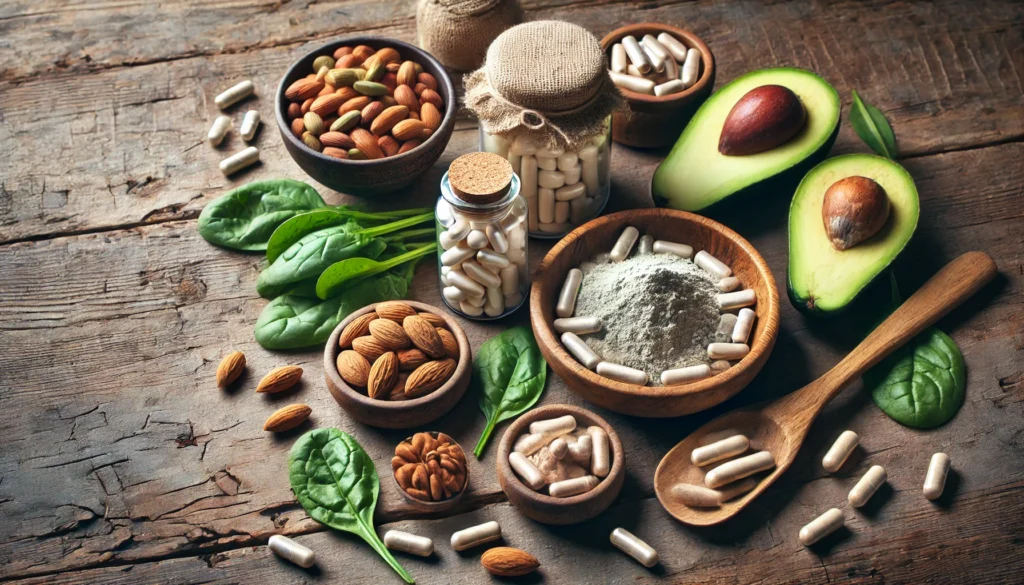 A natural-themed composition featuring supplements for the nervous system in capsule and powder form, arranged with magnesium-rich foods like spinach, almonds, and avocados on a rustic wooden table.

ALT Text: "Nervous system supplements alongside magnesium-rich foods like spinach and almonds, supporting nerve function and relaxation."