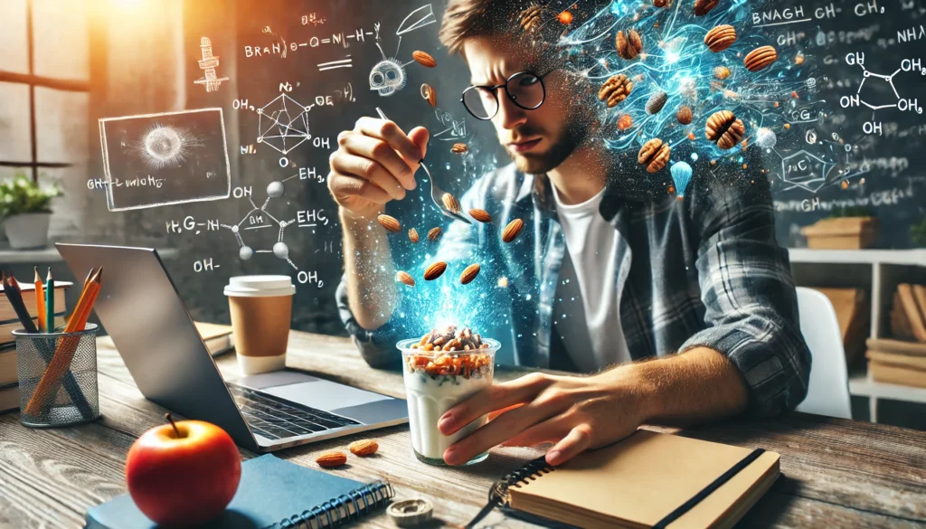 A student reaching for a brain-boosting test snack like a handful of nuts or a Greek yogurt while studying at a modern workspace with notebooks and a laptop.

ALT Text: "A student reaching for a healthy test snack while studying, highlighting the role of nutrition in academic success."